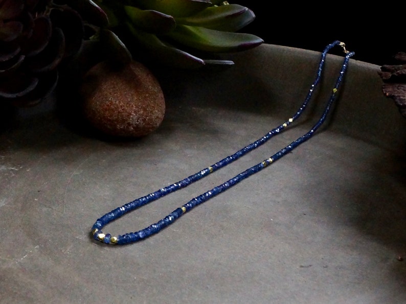 14k Solid Gold: Blue Sapphire Necklace, September Birthstone, Layered Necklace, Choker, Ultra Skinny Necklace, Delicate Beaded Gemstone image 2
