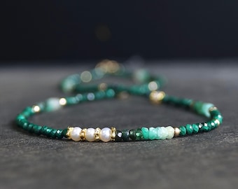 14K Solid Gold: Emerald & Malachite Necklace | Ombre Emerald| Gradient Green Necklace| Boho| Natural| Skinny Bead Necklace| Fine Jewelry