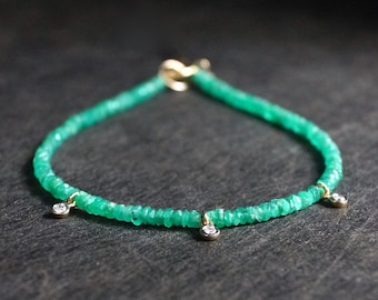 14K: Natural Diamond & Emerald Bead Bracelet| Colombian Emerald| Real Natural Emerald| May Birthstone| Green| Anniversary Gift For Her