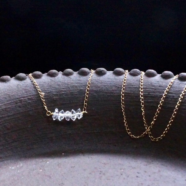 14K Solid Gold : Raw Diamond Necklace, Herkimer Diamond, Clear Quartz Necklace, Raw Crystal Necklace, Layering, Dainty Jewelry