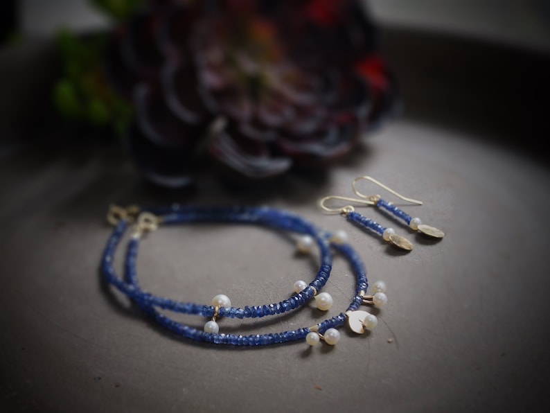 14k Solid Gold: Blue Sapphire and Pearl Bracelet, September Birthstone, Fine Jewelry Artisan, layering, Skinny, Delicate Beaded Bracelet image 1