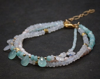 LAST ONE 14K Gold Filled: Ombre Pink & Blue Gemstone Beaded Bracelet, Layered, Multi Strands, Peach Moonstone, Chalcedony