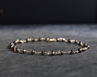 14K Solid Gold: Black Diamond Chain Link Bracelet| Bead| Natural Diamond| Fine Jewelry | Artisan | Handcrafted | Gold Chain
