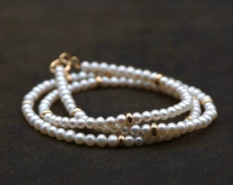 14K Solid Gold Pearl Choker: Fine Freshwater Pearl Bead Necklace