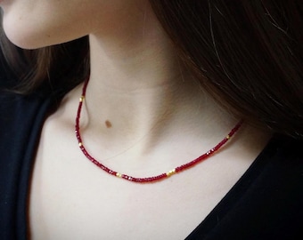 14K: Ruby Necklace | 2.5mm | July Birthstone | Delicate Beaded Ruby | Dainty | Skinny |