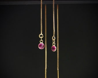14K Solid Gold: Ruby Earrings, Threader Earrings, Natural Ruby Jewelry, Long Chain, Dainty, Minimalist , July Birthstone, Pink, Red
