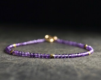14K Solid Gold: Spiritual Amethyst Bead Bracelet | 2mm | February Birthstone | Skinny Bracelet | Healing Stone | Crown Chakra | Purple