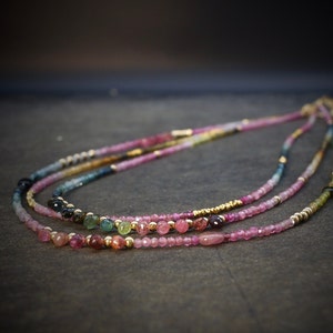 14K Solid Gold: Watermelon Tourmaline Ombre Beaded Necklace, Pink Blue Green, Shaded Tourmaline, layered Necklace, Multi Color Gemstone
