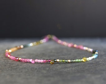 14K: Tourmaline Ombre Bead Necklace| Pink Blue Green| Rainbow Gemstone Bead Necklace| Boho| Bohemian | Multi Color