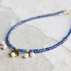 14k Solid Gold: Blue Sapphire and Pearl Bracelet, September Birthstone, Fine Jewelry Artisan, layering, Skinny, Delicate Beaded Bracelet image 4