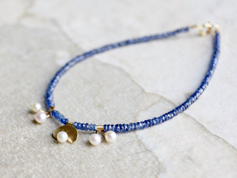 14k Solid Gold: Blue Sapphire and Pearl Bracelet, September Birthstone, Fine Jewelry Artisan, layering, Skinny, Delicate Beaded Bracelet image 4