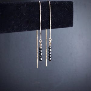 14K Solid Gold Black Diamond Threader Earrings: Long Chain Dangle