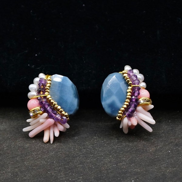 Blue Opal Cluster Earrings | Boho| Bohemian| Wire Jewelry Studs | Opal Jewelry | Gemstones | Artisan | Delicate | Organic Statement Jewelry