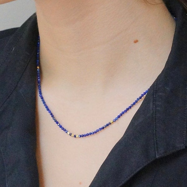 14K Solid Gold: Lapis Lazuli Beaded Necklace, Simple Layer Lapis Choker, Dainty Navy Blue Gemstone Necklace, Fine Jewelry, Minimalist