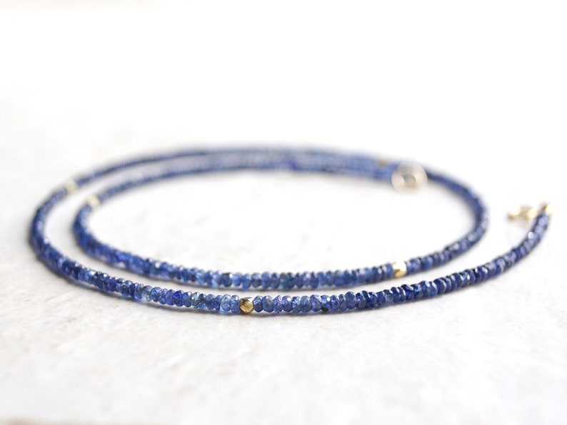 14k Solid Gold: Blue Sapphire Necklace, September Birthstone, Layered Necklace, Choker, Ultra Skinny Necklace, Delicate Beaded Gemstone image 7