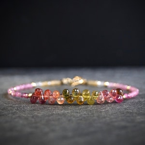 14K Solid Gold: Ombre Pink & Moss Tourmaline Bracelet, Moss Green, Shaded Multicolor Tourmaline, Layered Bracelet, Watermelon, Fine Jewelry image 1