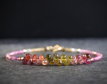 14K Solid Gold: Ombre Pink & Moss Tourmaline Bracelet, Moss Green, Shaded Multicolor Tourmaline, Layered Bracelet, Watermelon, Fine Jewelry