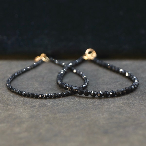 14K Solid Gold: Black Tourmaline Bead Bracelet | 3mm | 2.5mm | Skinny Gemstone | Healing Stone | Chakra