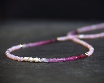 14K Solid Gold: Ruby & Pink Opal Necklace | Ombre Ruby| Gradient Pink Necklace| Boho| Natural| Skinny Bead Necklace| Fine Jewelry