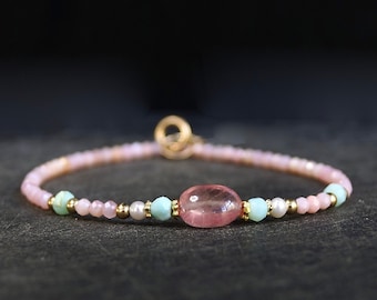 14K Solid Gold: Pink Opal Bracelet | Pink Sapphire| 2.5mm| Baby Pink Bracelet| Boho| Natural| Skinny Bead Bracelet| Fine Jewelry