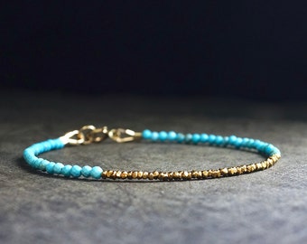 14K Solid Gold & Vermeil : Turquoise Beaded Bracelet | 2mm | Sleeping Beauty | Boho| Delicate Bracelet | Fine Jewelry | Hill Tribe