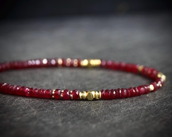 14K Red Ruby Bead Bracelet | 2.5mm | July Birthstone | Heavy Weight Gold