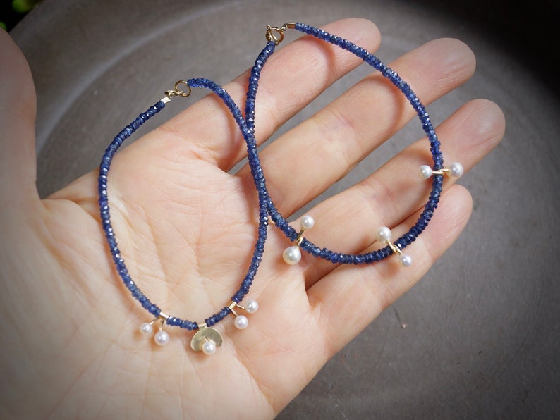 14k Solid Gold: Blue Sapphire and Pearl Bracelet, September Birthstone, Fine Jewelry Artisan, layering, Skinny, Delicate Beaded Bracelet image 9