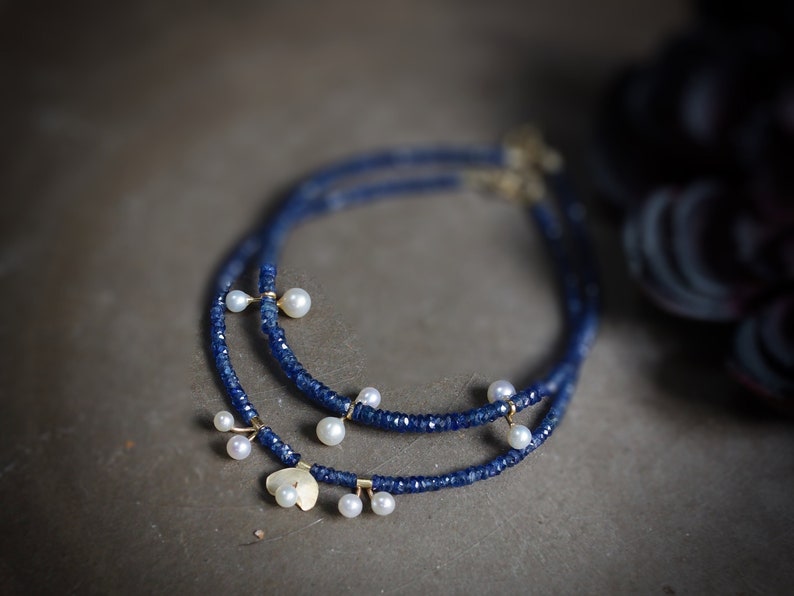14k Solid Gold: Blue Sapphire and Pearl Bracelet, September Birthstone, Fine Jewelry Artisan, layering, Skinny, Delicate Beaded Bracelet image 2