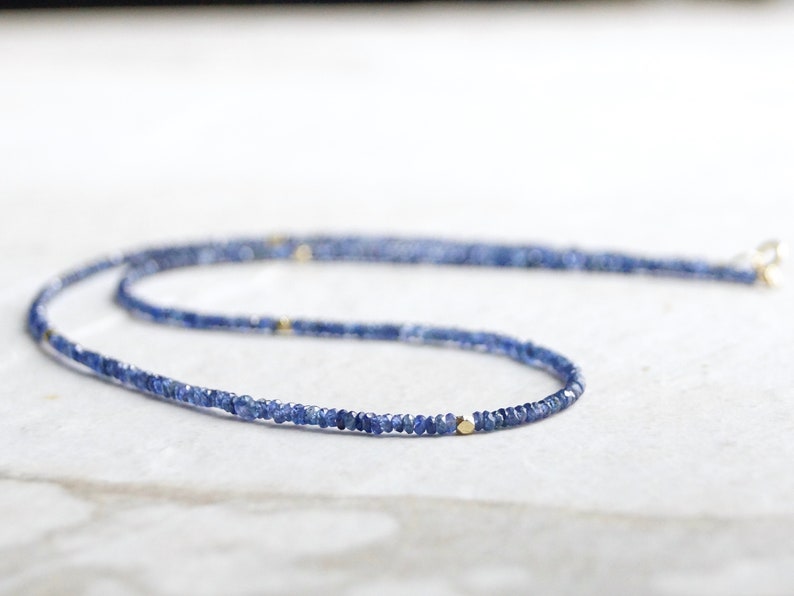 14k Solid Gold: Blue Sapphire Necklace, September Birthstone, Layered Necklace, Choker, Ultra Skinny Necklace, Delicate Beaded Gemstone image 8