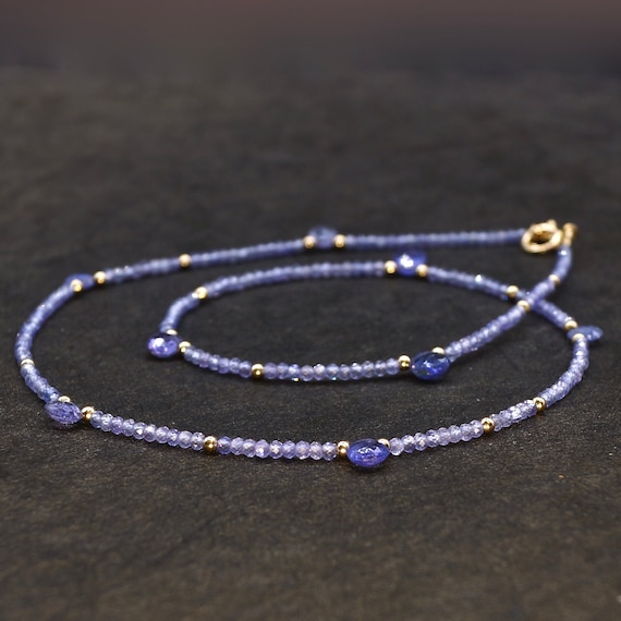 14k Solid Gold Tanzanite Beaded Necklace: Delicate September Birthstone