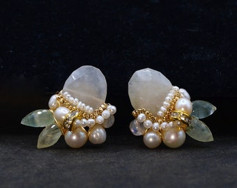 Moonstone & Freshwater Pearls Cluster Stud Earrings | Wire Wrapped Earrings | Bridal | Delicate Dainty Earrings