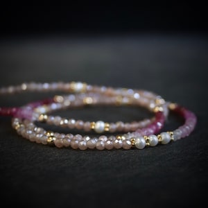 14K Solid Gold: Ruby & Peach Moonstone Necklace | Ombre Emerald