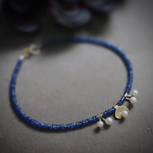 14k Solid Gold: Blue Sapphire and Pearl Bracelet, September Birthstone, Fine Jewelry Artisan, layering, Skinny, Delicate Beaded Bracelet image 6