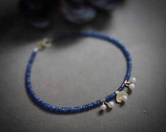 14k Solid Gold: Blue Sapphire and Pearl Bracelet, September Birthstone, Fine Jewelry Artisan, layering, Skinny, Delicate Beaded Bracelet