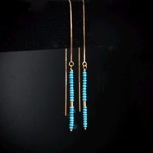 14K Gold Turquoise Threader Earrings: Dainty Beaded Bar Fine Jewelry