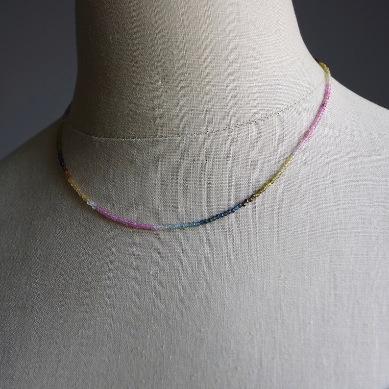 14K Solid Gold: Multi Colored Ombre Tourmaline Beaded Necklace, October Birthstone, Skinny Gemstone Necklace, Watermelon Tourmaline image 6