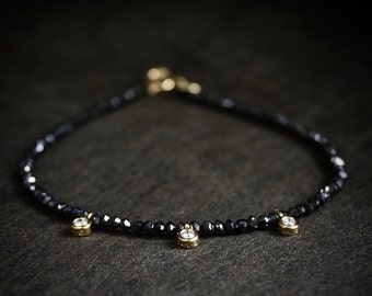 14K Solid Gold: Black & White Diamond Bracelet | Dainty | Delicate | Beaded Stacking Bracelet | April Birthstone | Real Natural Genuine