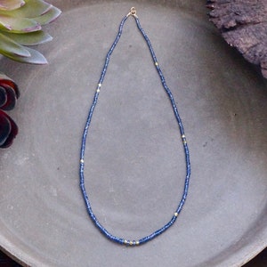 14k Solid Gold: Blue Sapphire Necklace, September Birthstone, Layered Necklace, Choker, Ultra Skinny Necklace, Delicate Beaded Gemstone image 4