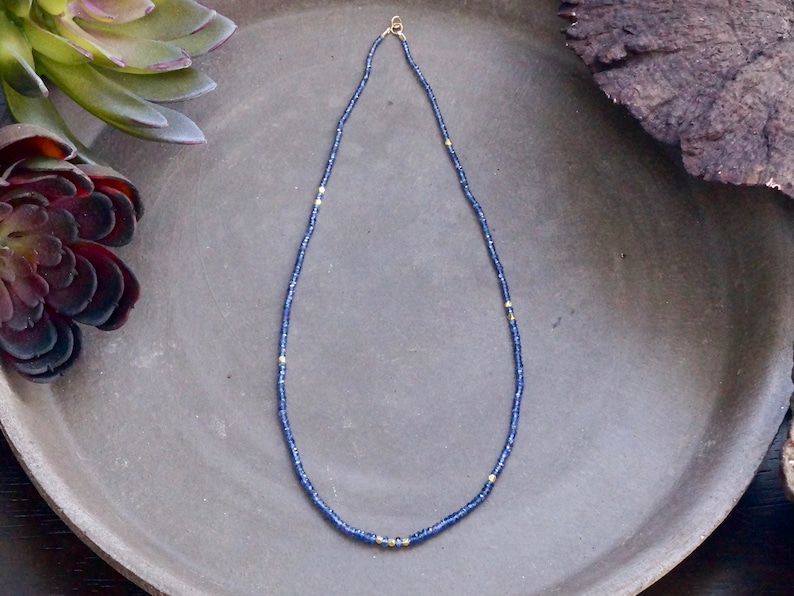 14k Solid Gold: Blue Sapphire Necklace, September Birthstone, Layered Necklace, Choker, Ultra Skinny Necklace, Delicate Beaded Gemstone image 4