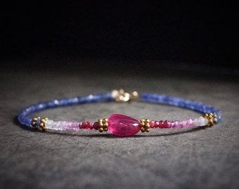 14K: Blue Sapphire & Red Ruby Bead Bracelet| Dainty| Fine Jewelry| boho| Bohemian| Anniversary Gift| Stacking Bracelet