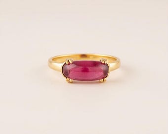 Pink Tourmaline Oval Ring | Gold Plated Sterling Silver, Handmade