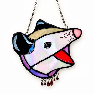 Stained Glass Possum Suncatcher | Handmade Tiffany Method Window Hanging | Gothic Woodland Decor | Crystal Dangles