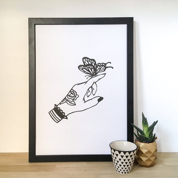 Butterfly print, Rose Tattoo Artwork, A3 risoprint, Hands print, American traditional, Neotraditional art, Monochrome print, nature lovers