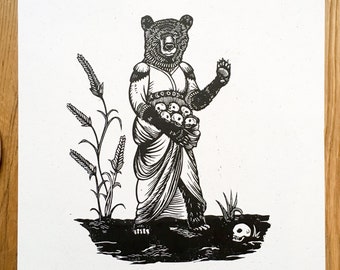 Ursula – lino print, linocut bear print, nature mythology art print, A3 size