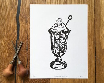 Grabado en linóleo Knickerbocker Gory – Arte macabro de helado