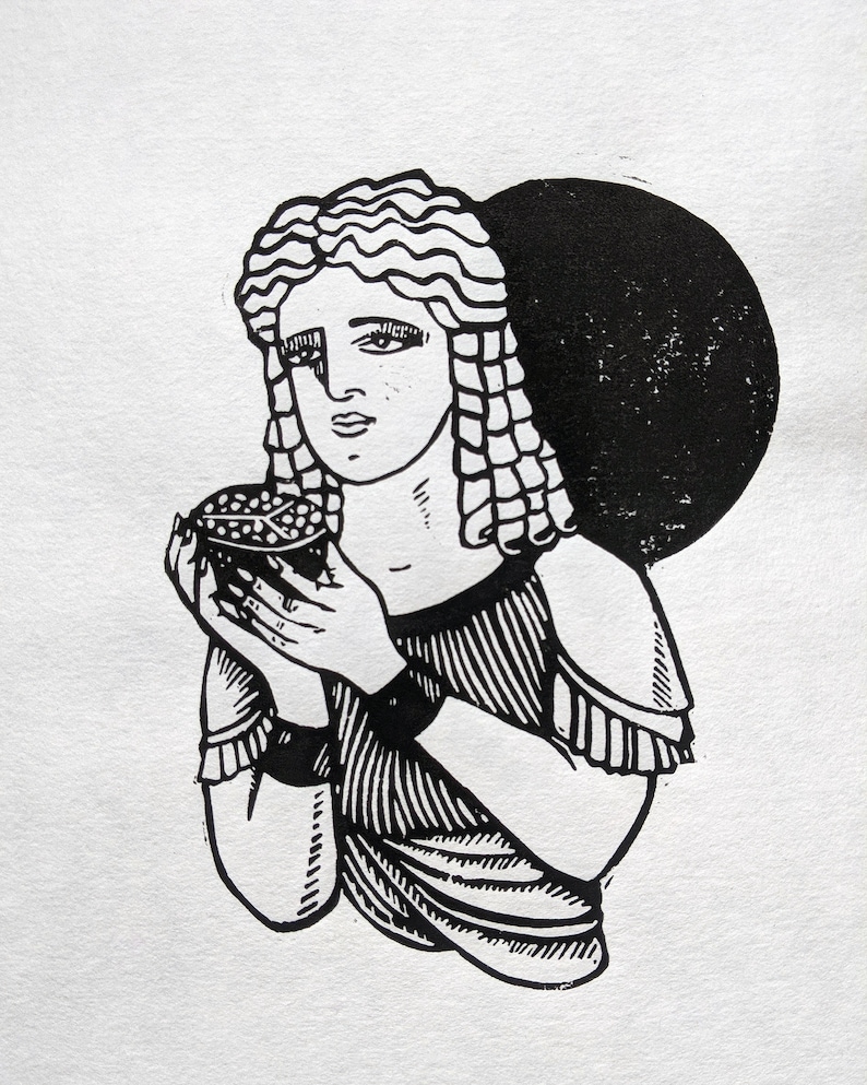 mythical goddess lino print artwork Persephone