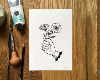 Linograbado floral - Arte tradicional americano del tatuaje, ilustración botánica