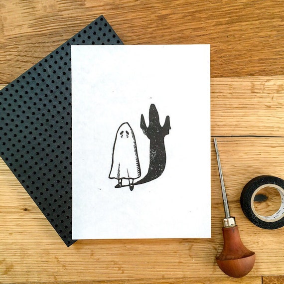 Mini ghost linoprint, goth home decor, miniature art print, original lino print artwork