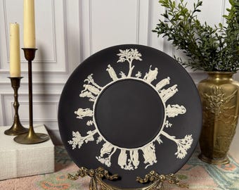 Vintage Wedgwood Black Jasperware Plate, Neoclassical White Relief English Decor