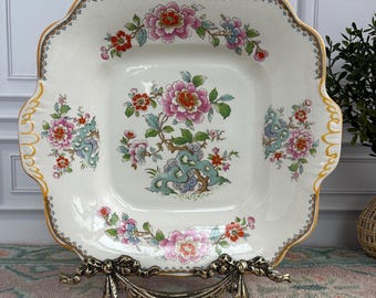 Adams Chinese Tree Plate, Staffordshire England Earthenware Serving Plate, Floral Chinoiserie Dish, Ochre Scroll Rim, 10 Inch